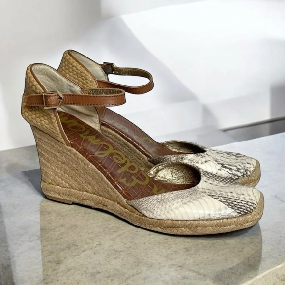 Sam Edelman | Harmony Espardrille Wedges Sandals Leather Snakeskin Buckle - Picture 1 of 11
